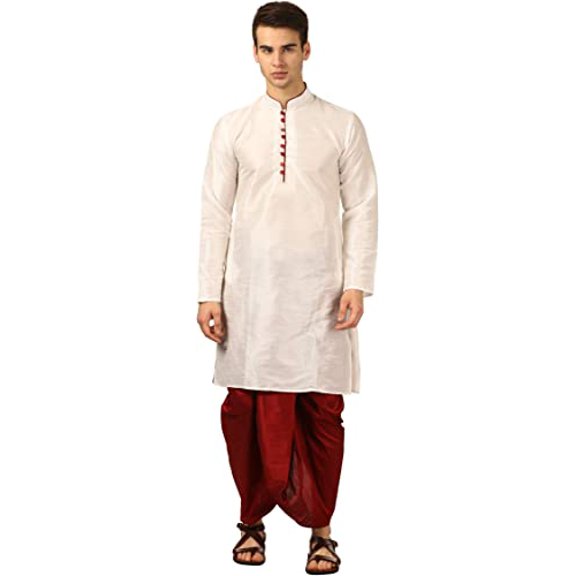 Royal Kurta Mens Silk Blend Loop Button Kurta and Dhoti Set (40, White-Maroon)