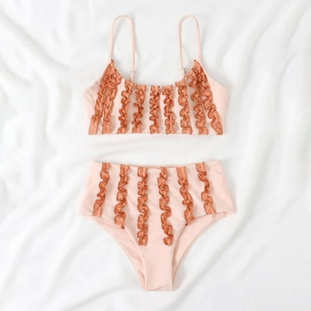 

Finelylove Swimsuit Women Two Piece Padded Sport Bra Style High Waist Pink L