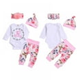 thumbnail image 3 of Newborn Baby Girl Outfits Letter Print Long Sleeve Romper+Floral Pants+Hat+Headband 4PCS Clothes Set, 3 of 14