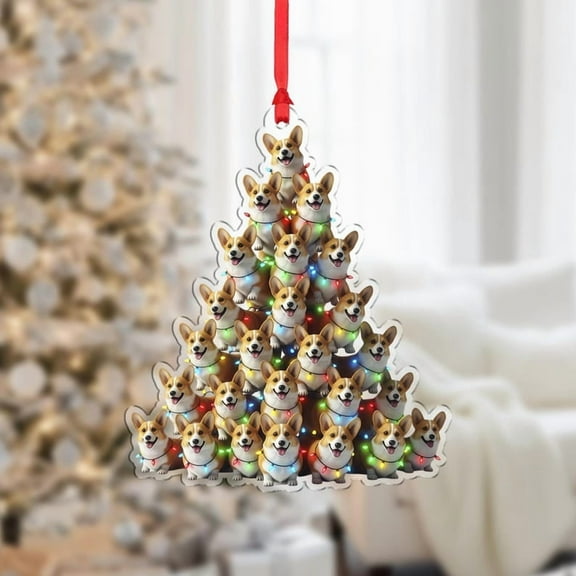 ViciArt Corgi Tree Ornament with Lights Christmas Ornament, Cute Corgi Dog Faces, Holiday Decor