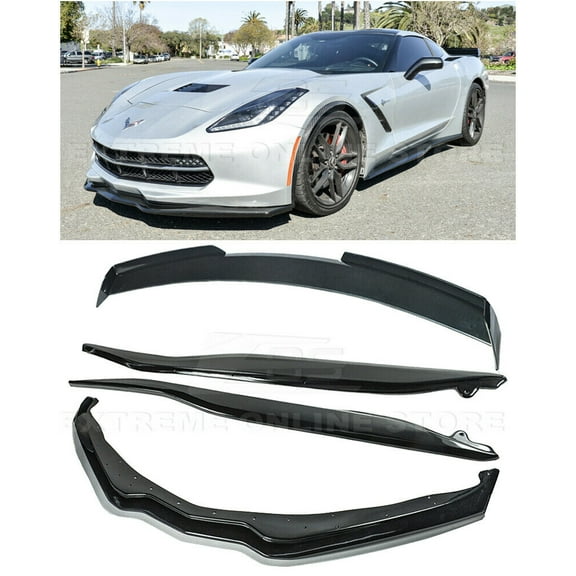 Replacement For 2014-2019 Corvette C7 | Z06 Stage 2 Style PAINTED CARBON FLASH METALLIC Front Bumper Lower Lip Splitter With Side Skirts Panel & Rear Wing Spoiler