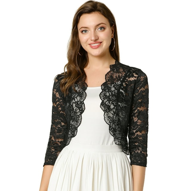 INSPIRE CHIC Boléro Ouvert Élégant pour Femme à Manches 3/4 en Dentelle Transparente à Motif Floral