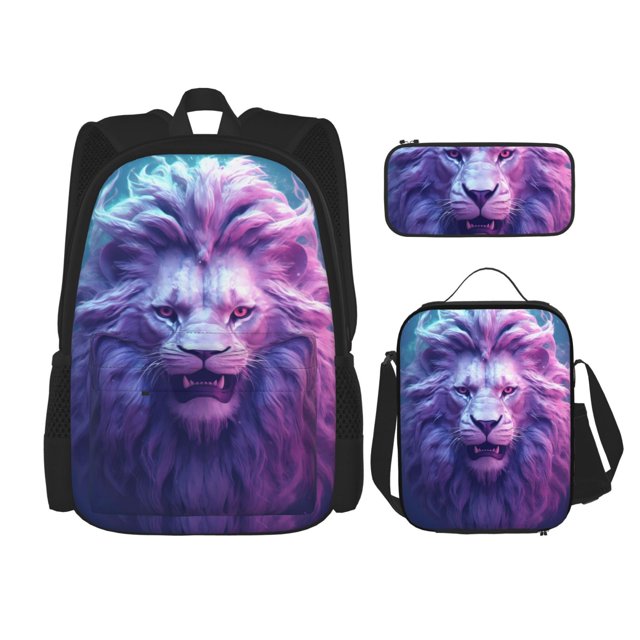 Balery Cool Lion Head Mochila Escolar 3 en 1 para Niños - Mochila Resistente con Lonchera Térmica y Estuche - Mochila Escolar para Niños y Niñas