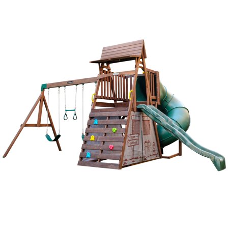 UPC: 0870279000977 | KidKraft Ranger Retreat Wooden Swing Set / Playset with Tent  Tube Slide and 3 Swings