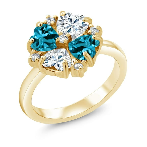 Gem Stone King 18K Yellow Gold Plated Silver London Blue Topaz and Moissanite Ring for Women (2.18 Cttw, Heart Shape 5MM, Gemstone November Birthstone, Size 7)