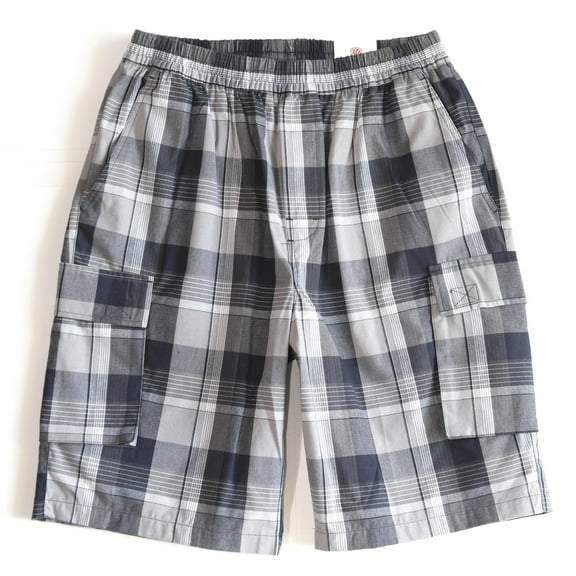 YAGO Men's Elastic Waist Drawstring Relaxed Fit Plaid Cargo Shorts Black Gray BN4 (S(30"))