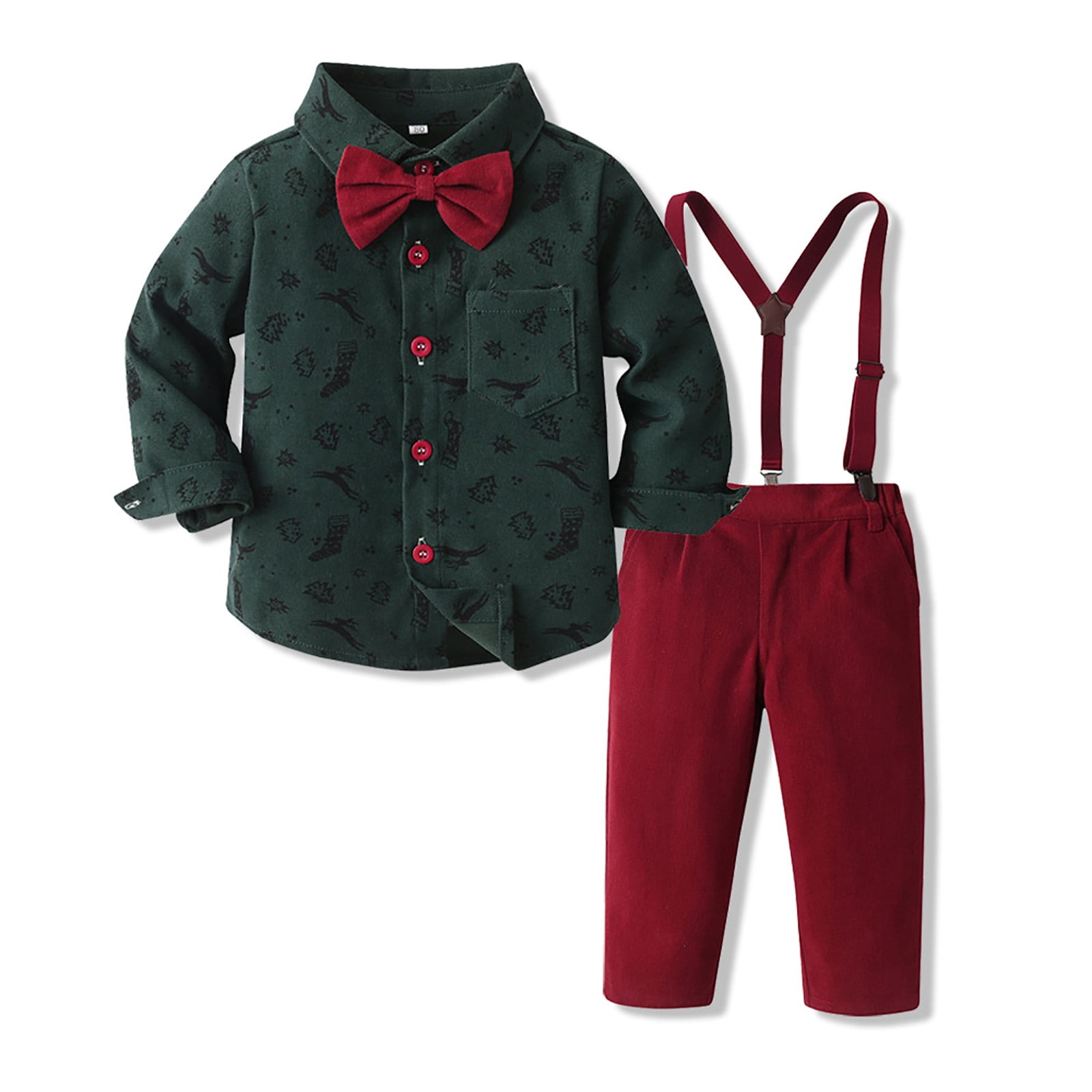 Splozh Baby Boy Outfits Formal Boys Long Sleeved Shirt and Overalls Suit Comfortable Soft Fashionable Christmas Print Gentleman Suit for Boys Dark Green,6-12 Months