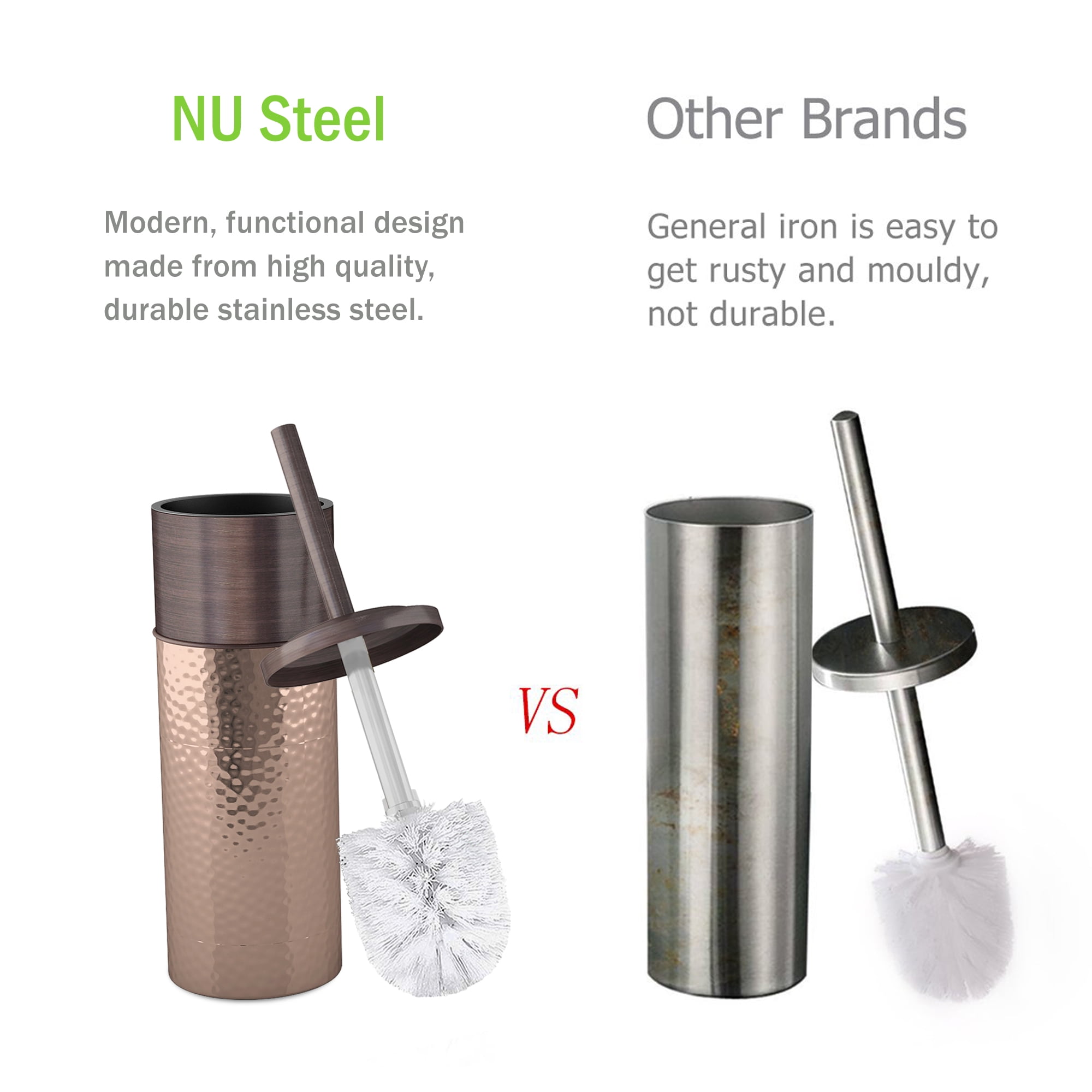 Slim Compact Stainless Steel Toilet Brush Holder For Bathroom Storage - Sturdy, Deep Cleaning, Metal in a Hammered Copper/Orb Finish combination.