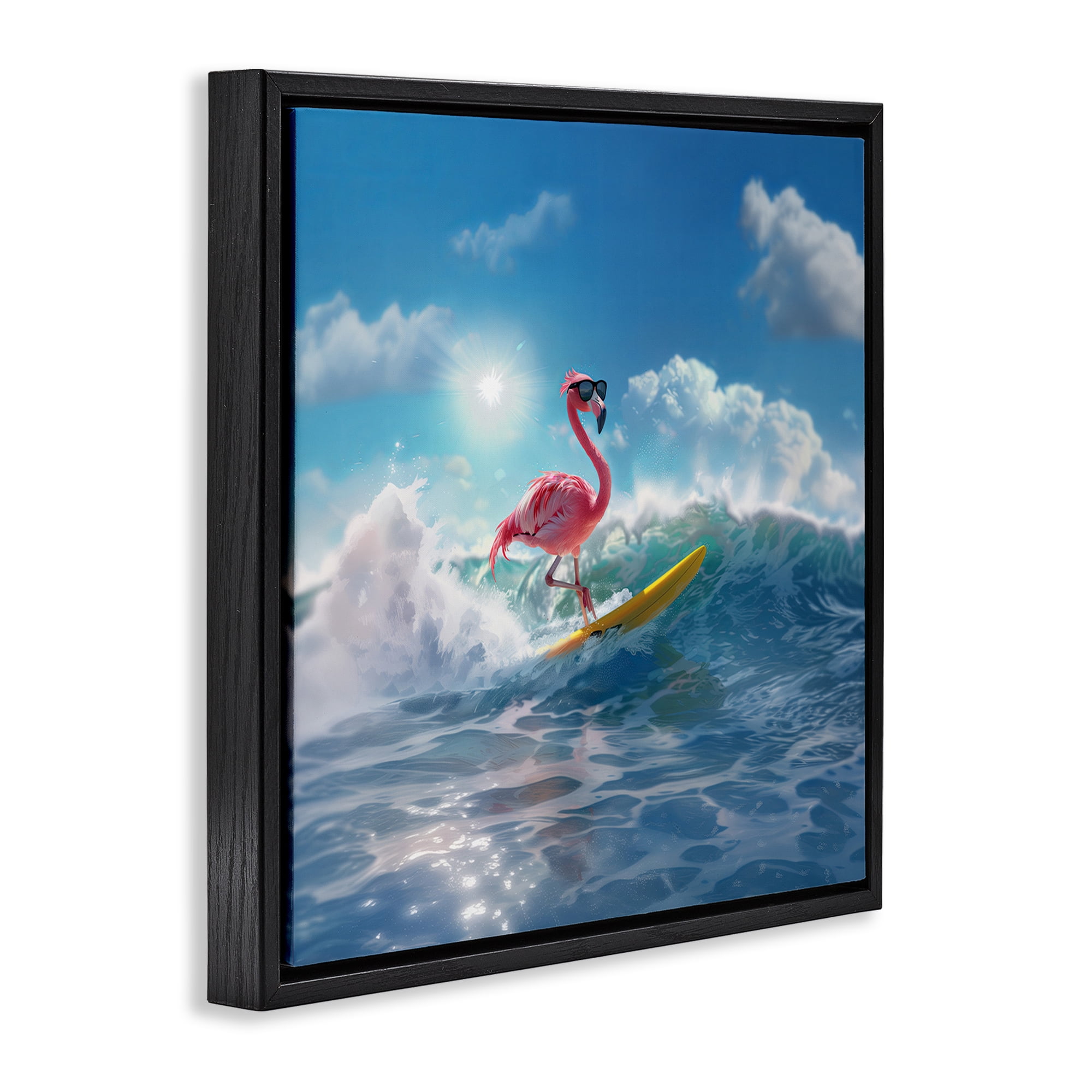 Stupell Industries Flamingo Surfing White Caps Nautical & Beach Painting Black Floater Framed Canvas Art Print Wall Art, 25 x 25