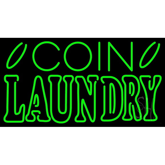 Green Coin Laundry LED Neon Sign 13" Tall x 24" Wide - inches, Black Square Cut Acrylic Backing, with Dimmer - Bright and Premium built indoor LED Neon Sign for Storefront.