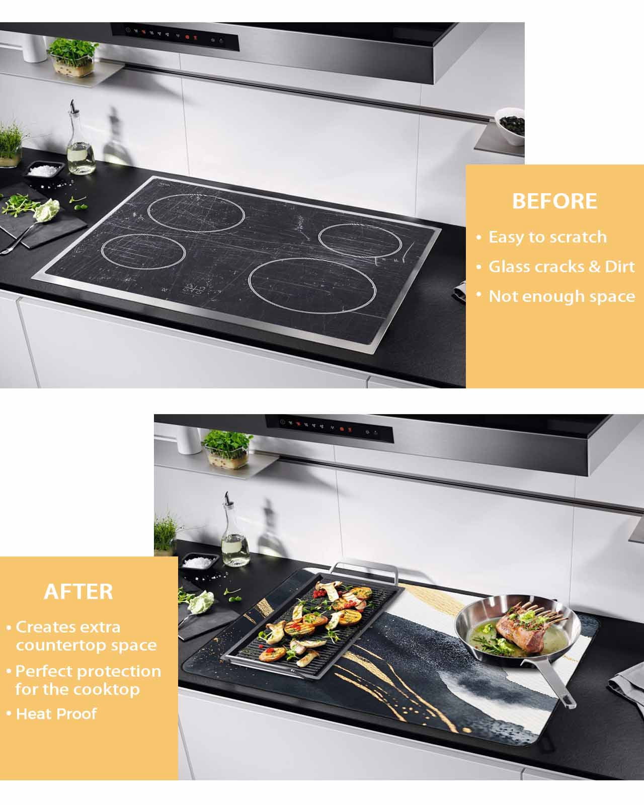 nqOlkjepod Large Induction Cooktop Protector Mat 24"x21", Marble Stove Top Covers for Electric Stove, Black Navy Blue Gold White Modern Luxury Stove Burner Cover Mats, Glass Top Stove Cover