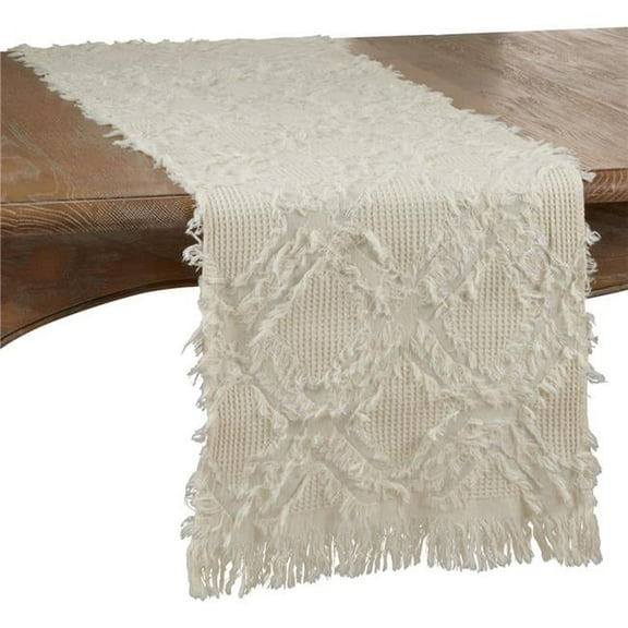 90 in. Fringe Waffle Weave Table Runner, Ivory