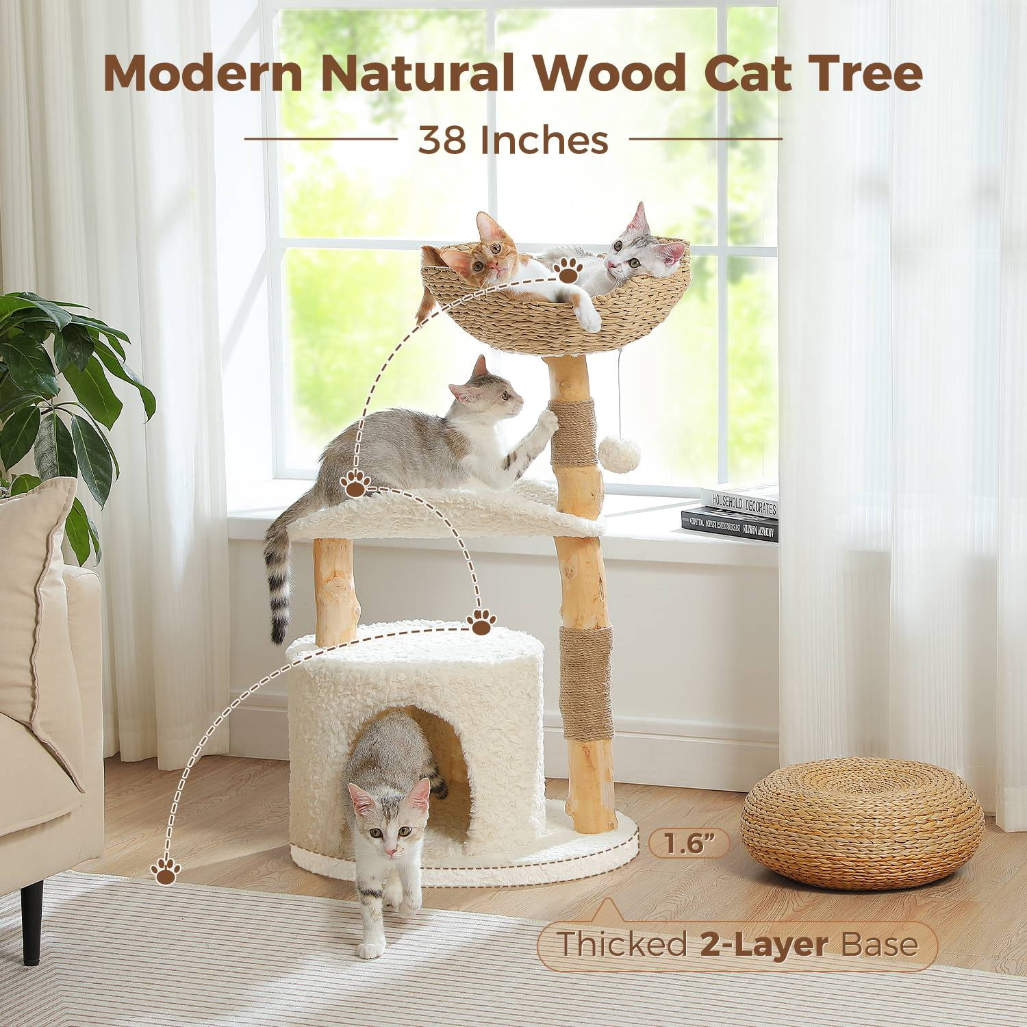 PEQULTI 38''Modern Cat Tree with Large Condo and Wood Sisal Scratching Post for Indoor Cat White