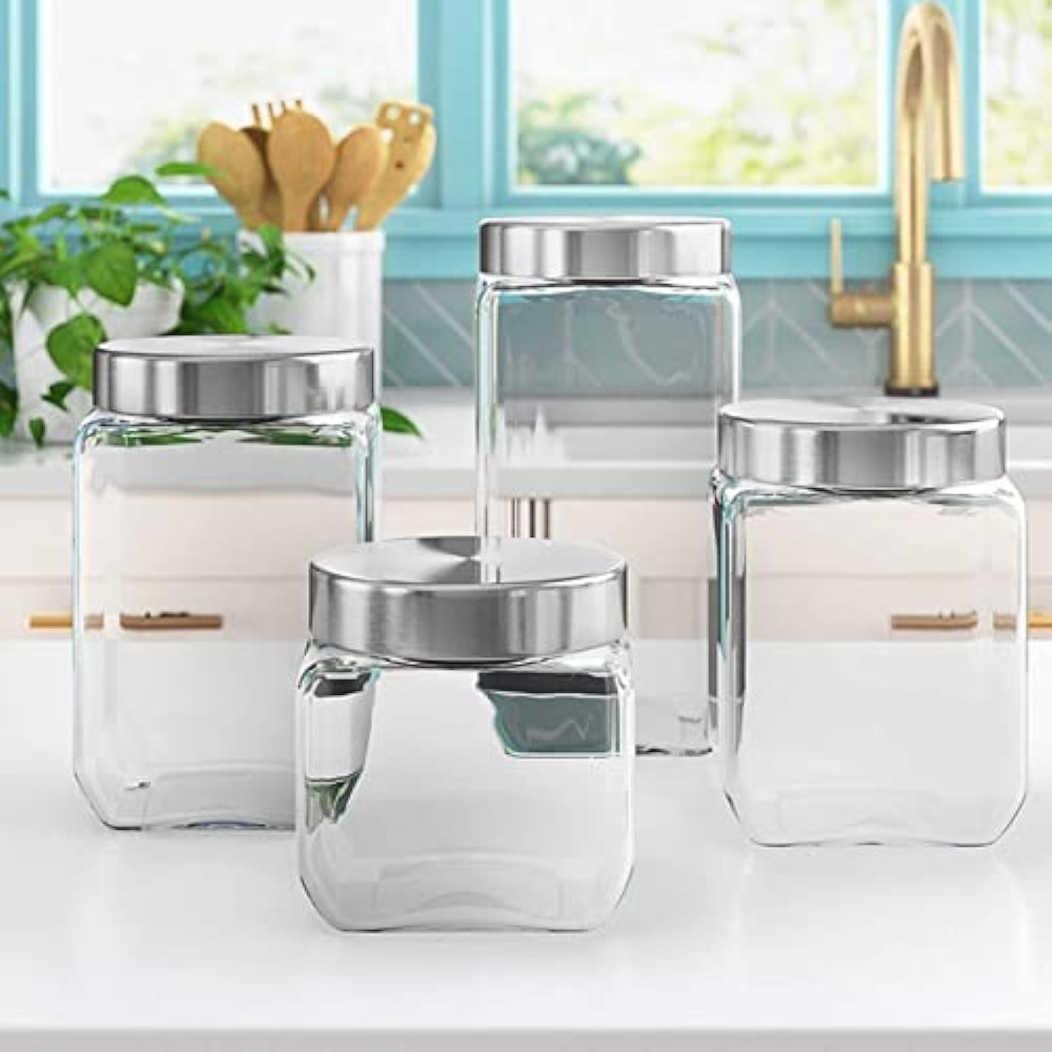 4pc Square Canister Sets for Kitchen Counter or Bathroom + Labels