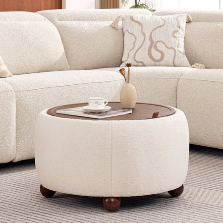 BRILHAMEZ Round Storage Ottoman with Reversible Wooden Tray Modern Upholstered Footstool & Small Coffee Table with Hidden Compartment White