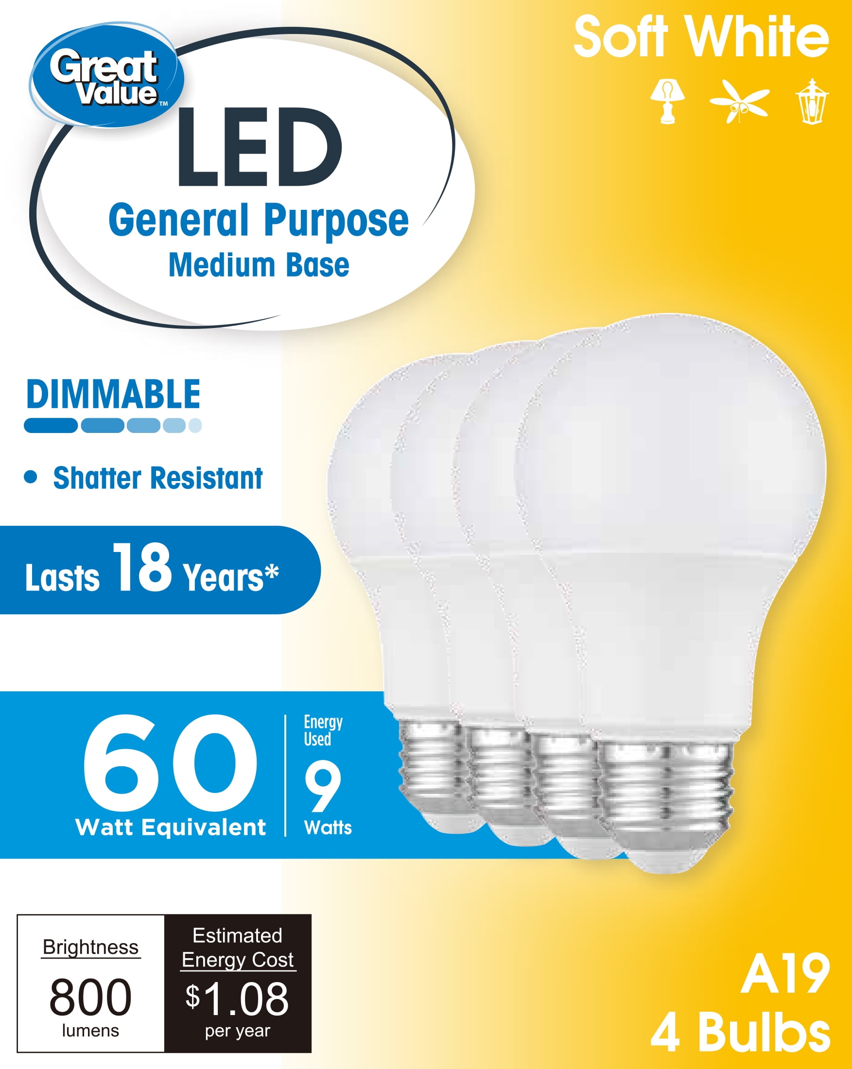Great Value 18YR A19 LED Bulb, 9-Watt (60W Equivalent) E26 Base, Dimmable, Soft White, 4-Pack