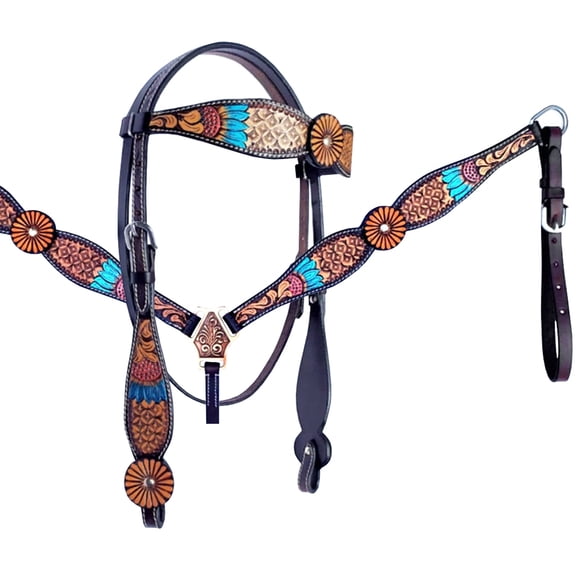 HILASON Western Horse Headstall Breast Collar Set American Leather Tan Dark Brown