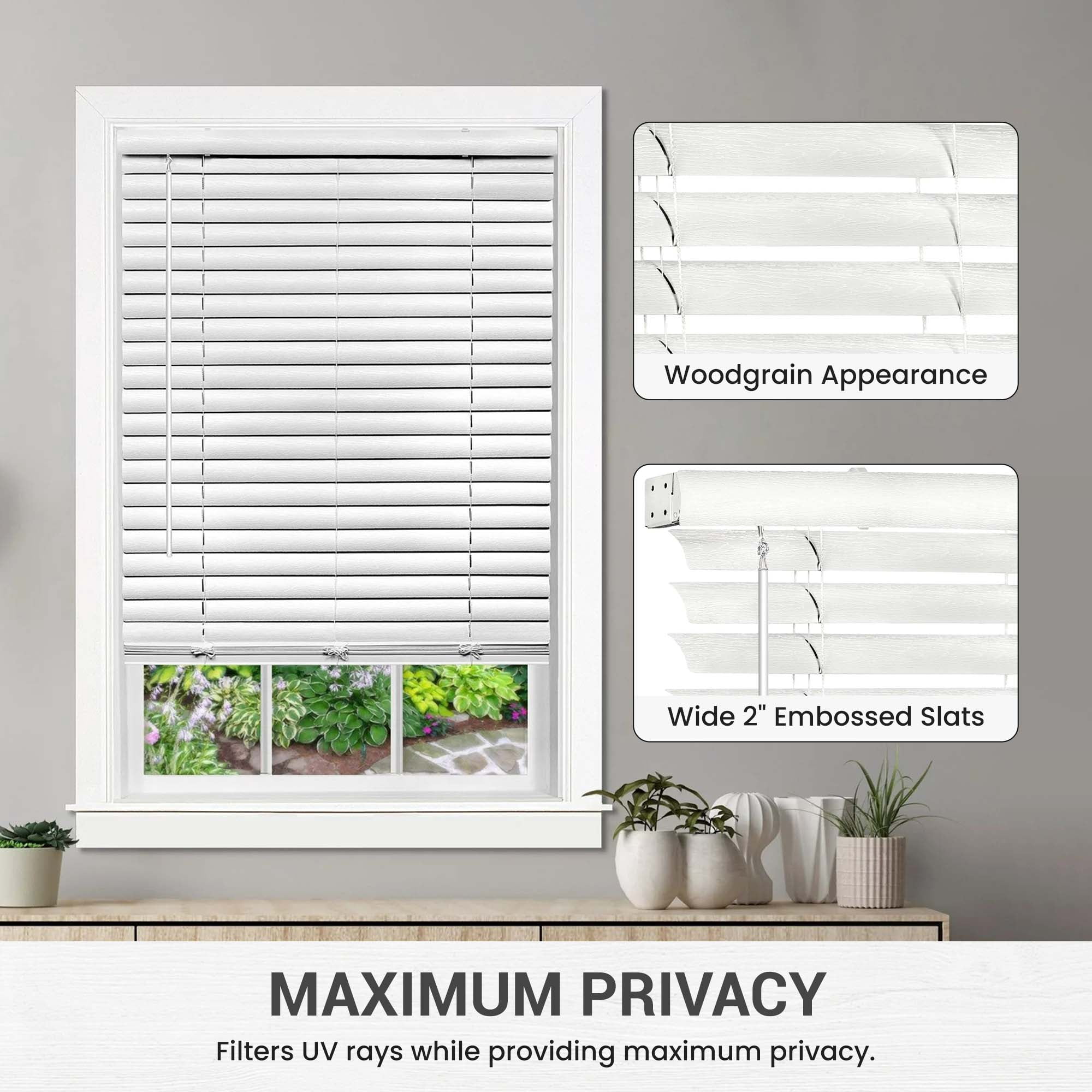 PowerSellerUSA Cordless Window Blinds, 2" Slats Vinyl Mini Blind, Premium Embossed Woodgrain, Anti-UV Window Treatment, White, 43" Width x 64" Length, (Fits windows 23" - 64")
