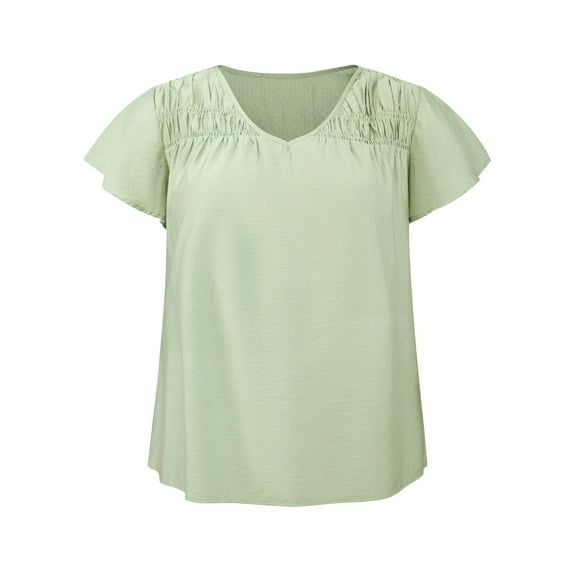 GRACE & GRANDEUR Women's Plus Size Easter Summer Tops Smocked Shoulder Jacquard Texture Ruffle Sleeve V Neck Casual Blouse Top 1X Light Green