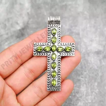 Peridot Cross Pendant 925 Sterling Silver Handmade Gemstone Jewelry 2.44"