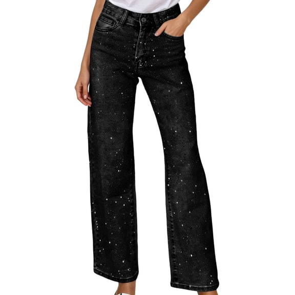 Sparkly Jeans for Women Baggy Y2K High Waisted Stretch Trouser Straight Wide Leg Bling Glitter Rhinestone Denim Pants Light Blue