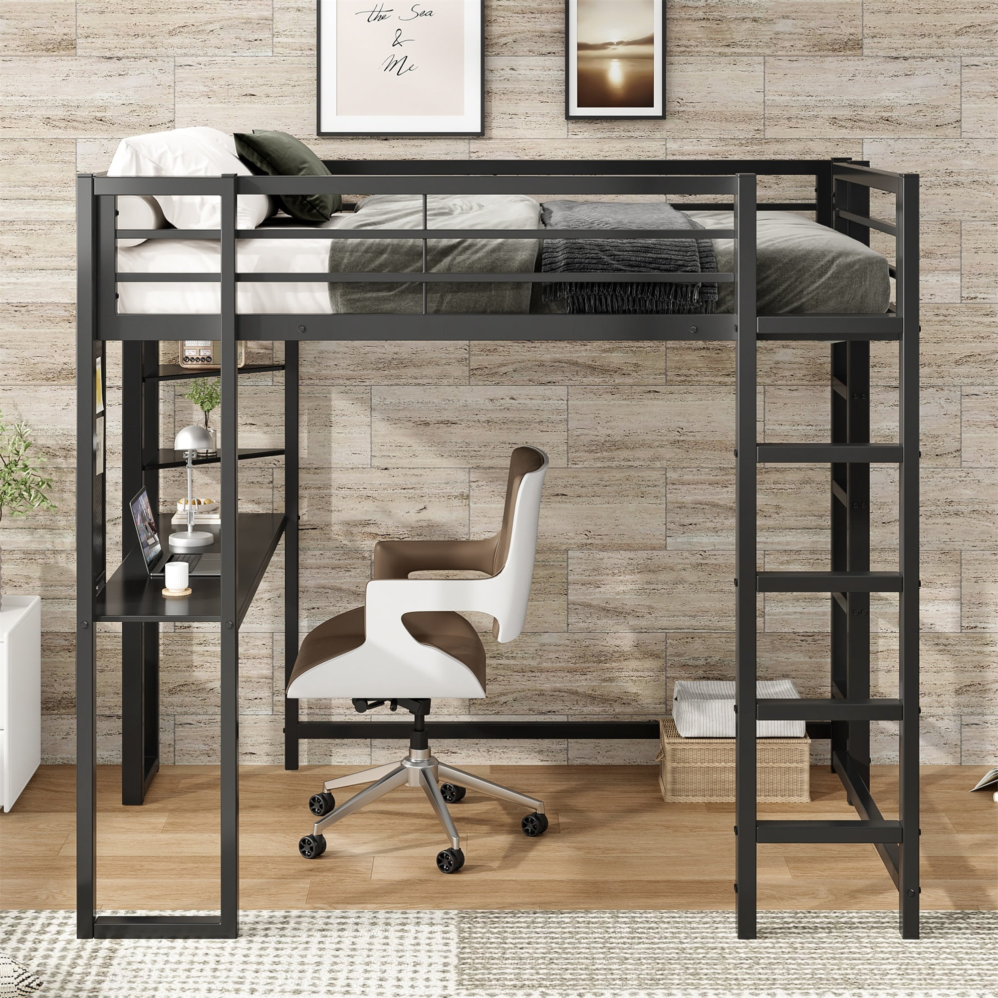 Alvantor Full Size Loft Bed Frame with Desk & Open Shelves, Heavy Duty Metal Bed Frame for Boys Girls Teens Black