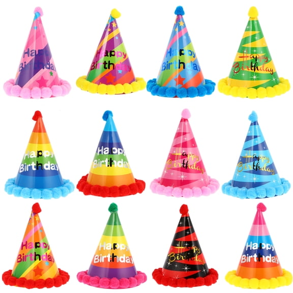Monyance 12-Pack Birthday Party Hats with Cute Hairball Design, Fun Paper Hats for Kids and Adults, Party Supplies 7.68x5.51x0.79 Inches