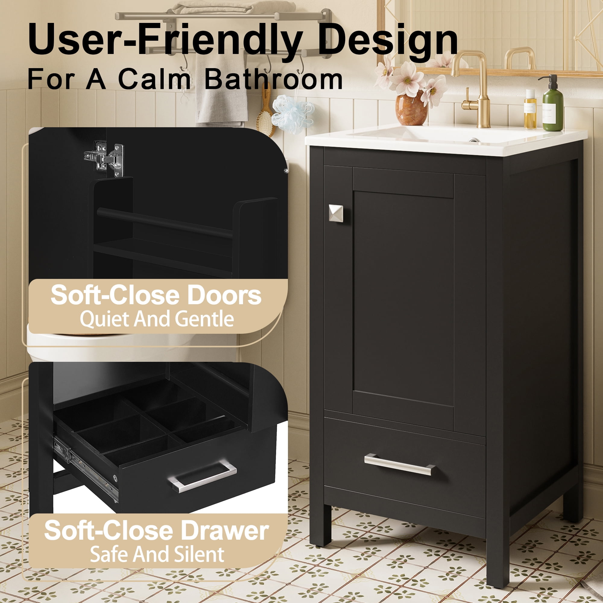18" Sturdy Wood Small Bathroom Storage Cabinet, Bathroom Organizer Cabinet with Soft Close, Compact Vanity Unit for Small Spaces with Ceramic Sink for Bathroom, Black