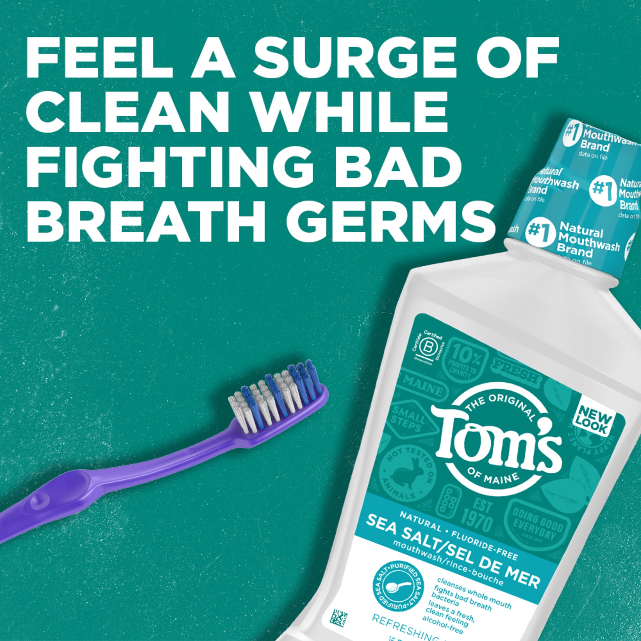 Tom's of Maine Sea Salt Natural Fluoride-Free Mouthwash, Refreshing Mint, 16 oz