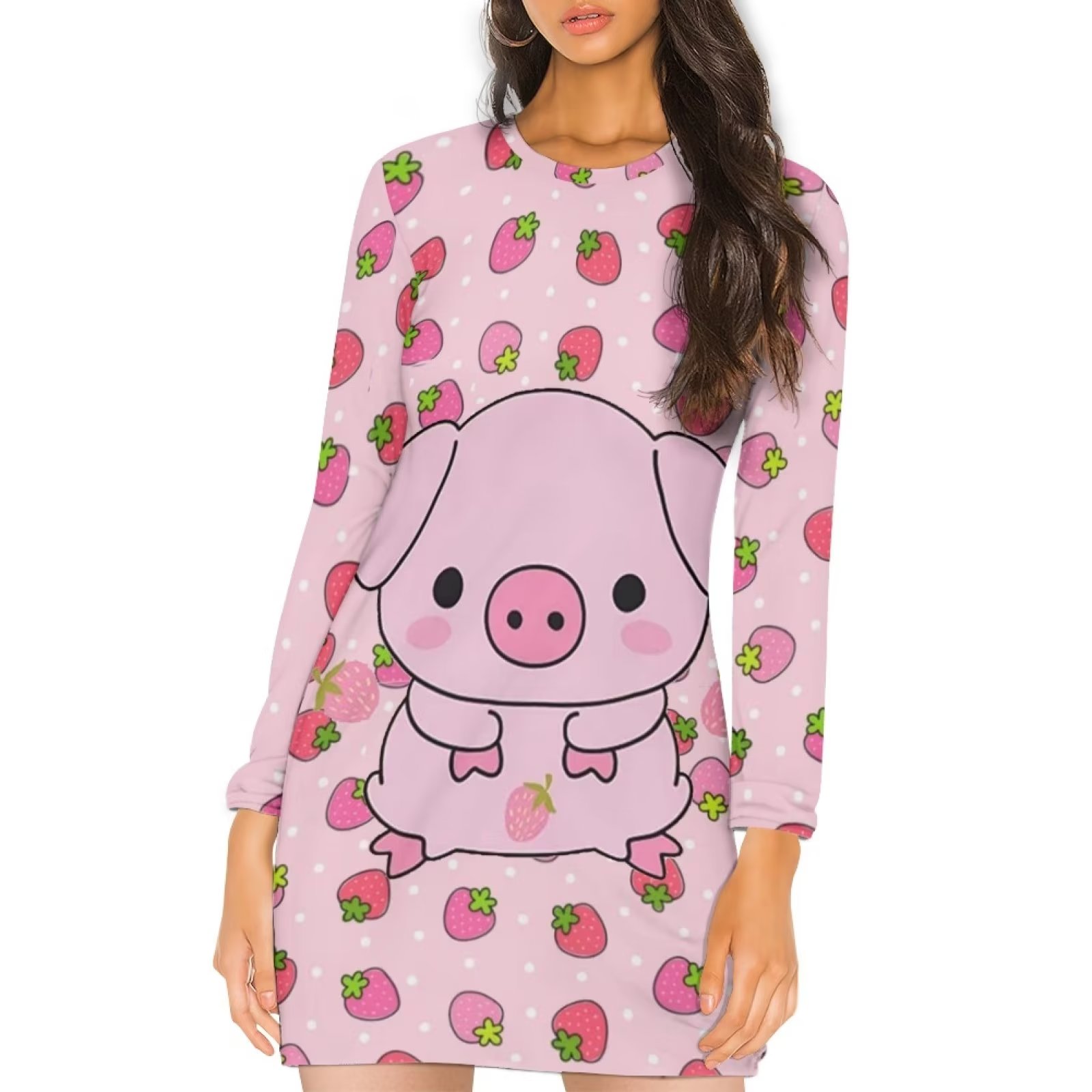 HUGS IDEA Cute Dressesu0026nbsp;for Teen Girls Pink Strawberry Pig Print Ladies  Clothing Crew Neck Minimalism Straight Skirt Fall College Going Out Dress  with SleevesM - Walmart.com