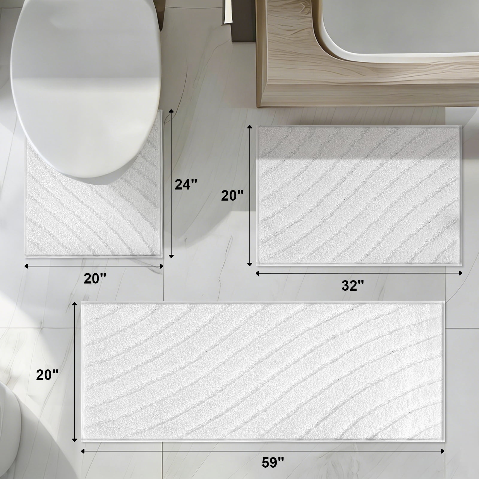 Findosom 3pcs Bathroom Rugs Set with U-Shaped Mat,Non Slip Machine Washable Wave Bath Mat,Ultra Soft Plush Shower Rugs for Bathroom,Tub,Shower20"x32"+20"x59"+U 20"x24"White
