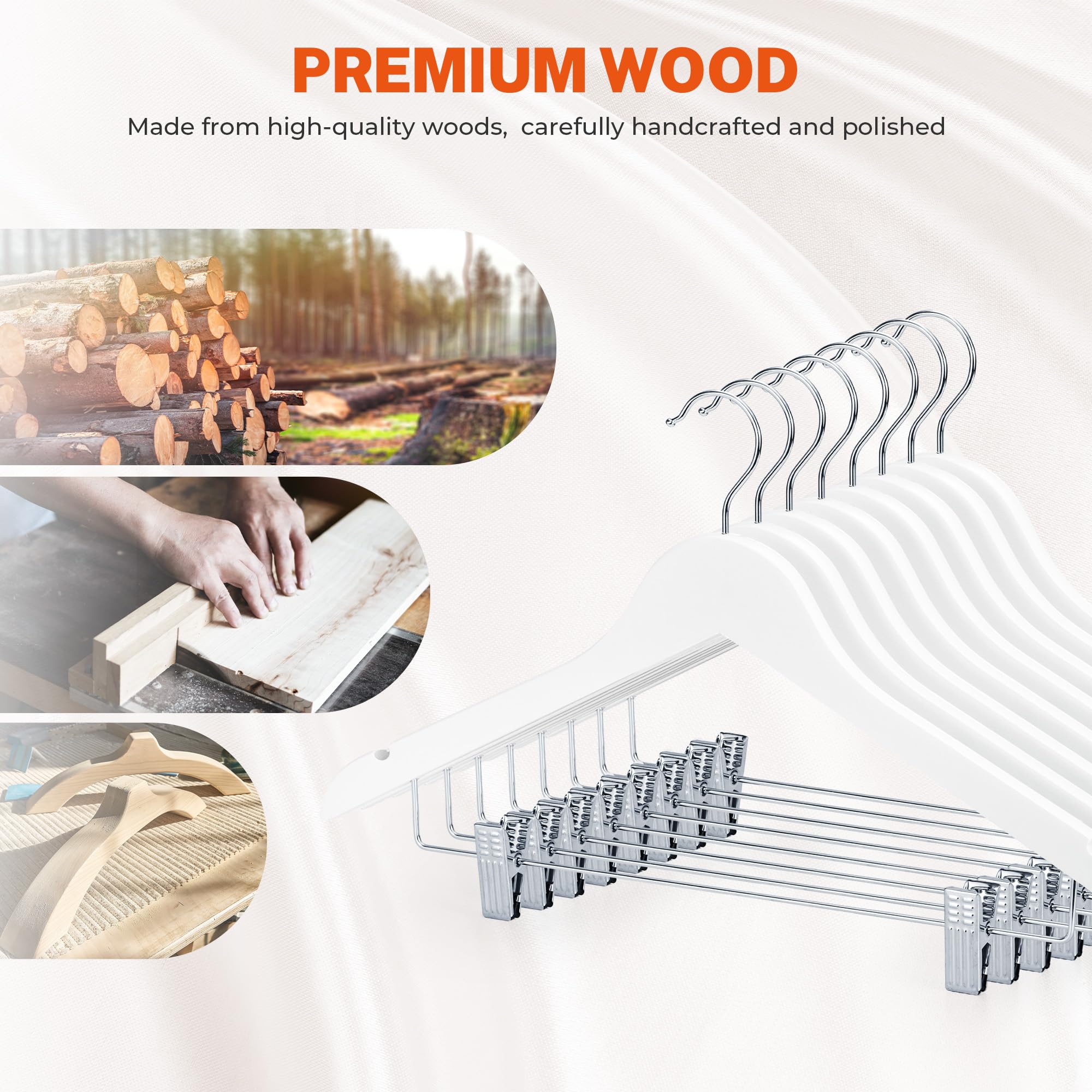 ACSTEP Wooden Hanger with Clips 12 Pack, Premium Coat Hanger, Wooden Clothing Hanger with Shoulder Grooves, 360 Degree Rotatable Hook, White