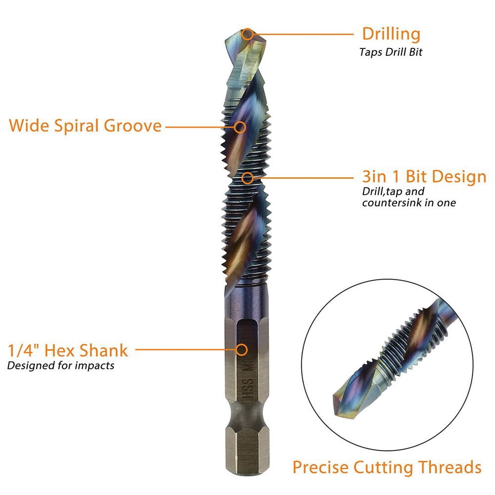 12Pc 1/4\" Hss Hex Shank Titanium Plated Screw Thread Drill Bits Set M3 - M10