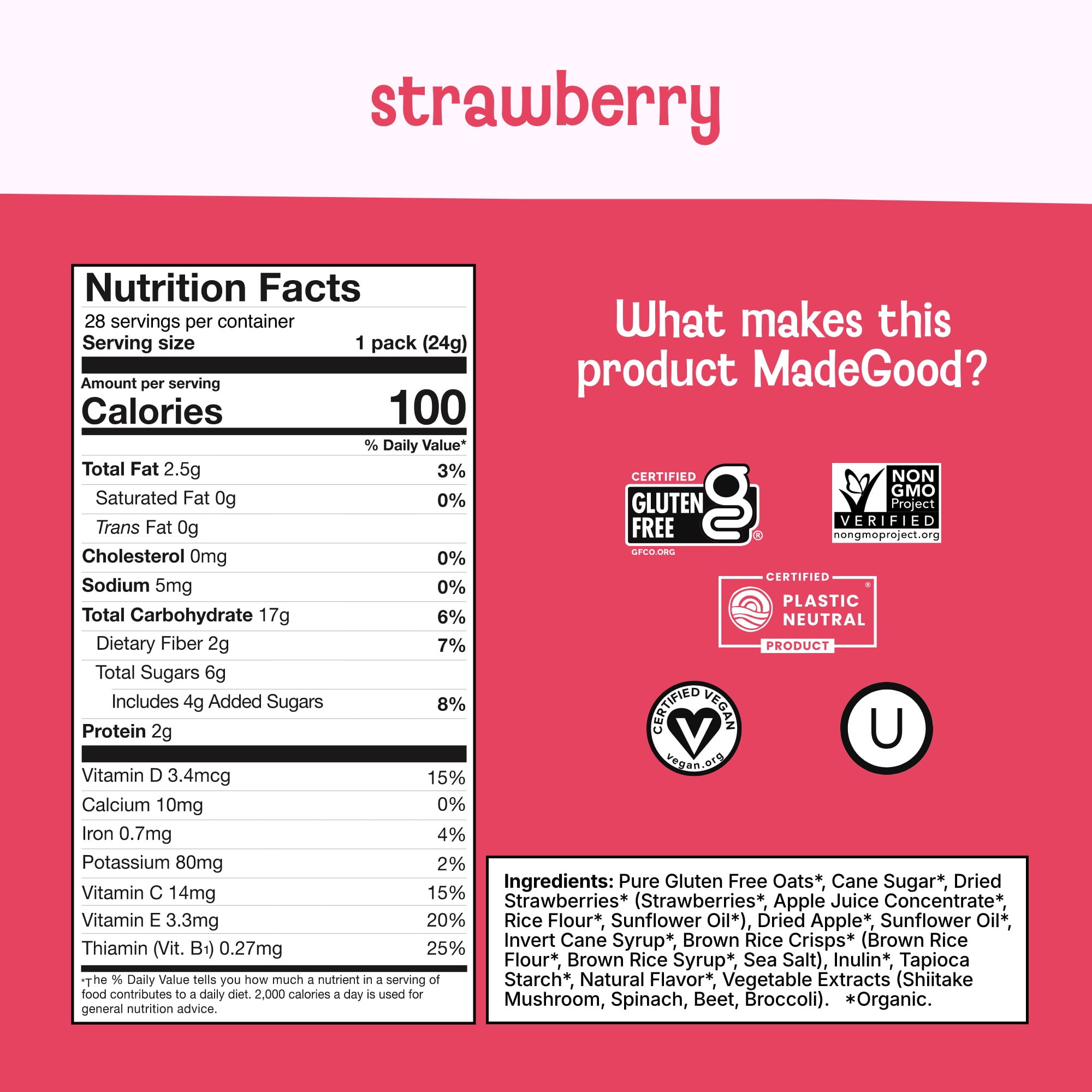 MadeGood Strawberry Granola Minis, 30 Count, 0.85 Oz Each