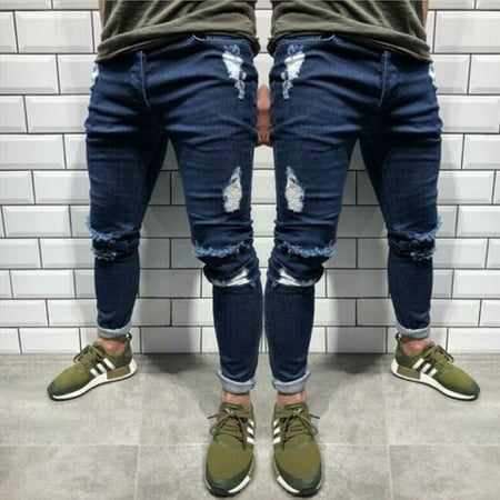 Hot Sell men fashion new hole tight jeans Stretchy Ripped Skinny