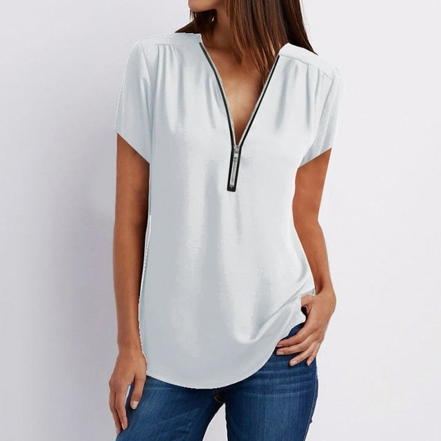 MKLEKYY Playeras Oversize Camiseta Informal Para Mujer, Blusa Holgada Con Cuello En V Y Cremallera Talla S