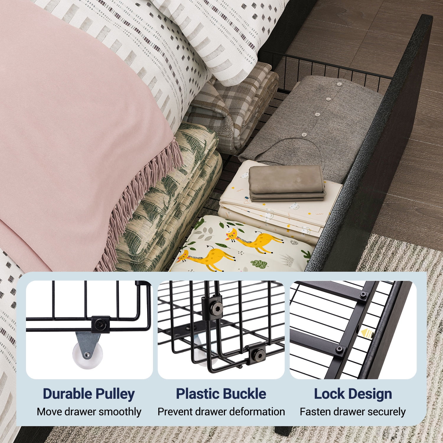 Allewie Full Size Platform Bed Frame with 3 Storage Drawers, Faux Leather Upholstered, Black