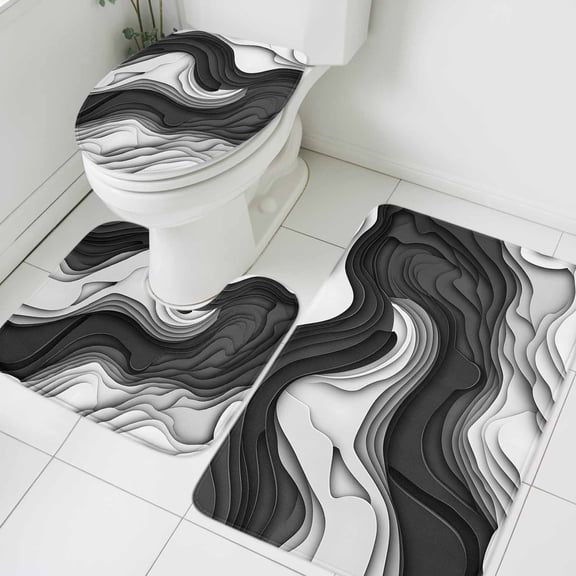 Black White Bathroom Rugs Set Geometric Abstract Ombre Ocean Wave Modern Non Slip Absorbent Soft Bath Mats 3 Piece Set with Bathroom Rug, U-Shaped Floor Mat, Toilet Seat Cover Small Size