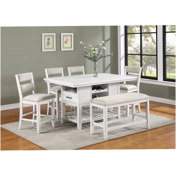 White 6-Piece Counter Height Dining Set with Wine Storage, Upholstered Chairs, and Drawer