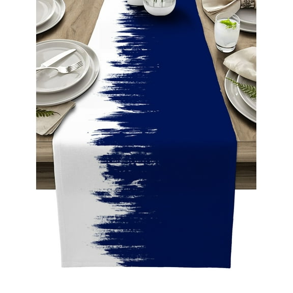 Table Runner Dresser Scarves 90 Inch Long, Abstract Navy Blue Paint Art on White Linen Dining Table Runners Modern Smear Graffiti Artwork Tabletop Scarf for Wedding Holiday Party Kitchen