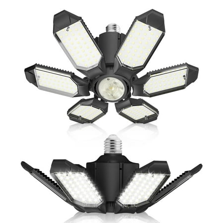 LED Garage Light 2 Pack Bright 20000Lm LED Workshop Ceiling Basement Lighting Fixture Srew in E26 E27 Bulb Socket with Adjustable Spotlight and 6 Deformable Panels for Warehouse Attic Cellar