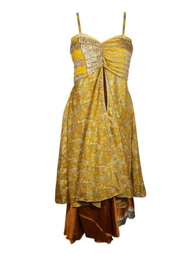 Mogul Women Yellow,Brown Floral Dress Layered Spaghetti Strap Boho chic Recycled Sari Printed Sundress SM