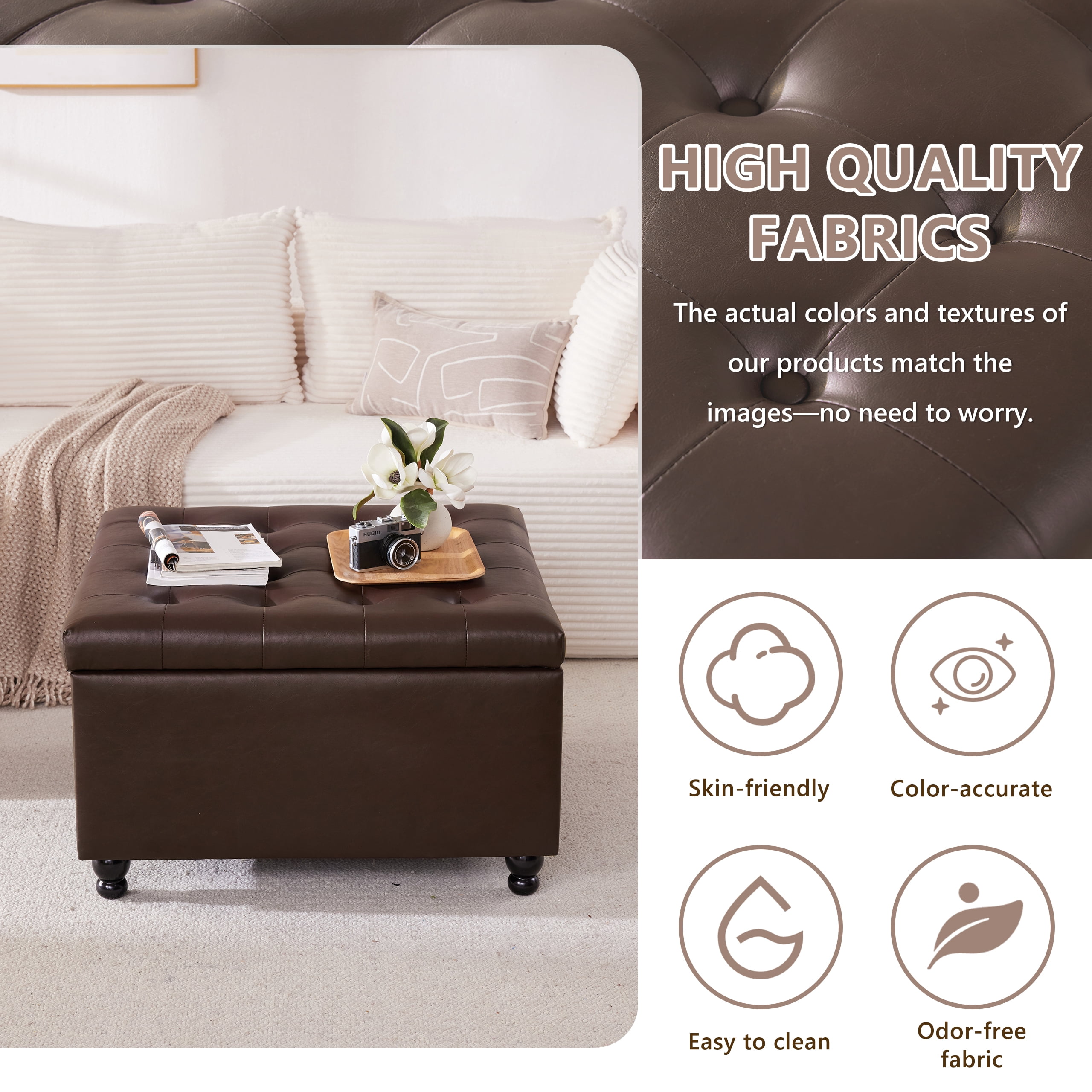 Weture Oversized Square Storage Ottoman Coffee Table, Tufted Upholstered, Leather, 29.5 Inch, Brown