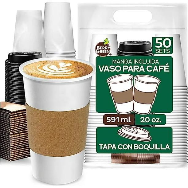 Berry Green 50 Vasos para Cafe de 20 oz (591 mil) Desechables con Tapa y Manga Protectora, Perfecta Para Cafe, Te y Todo Tipo de Bebidas Calientes, sin Derrames, Biodegradables Best Trading VCAF20