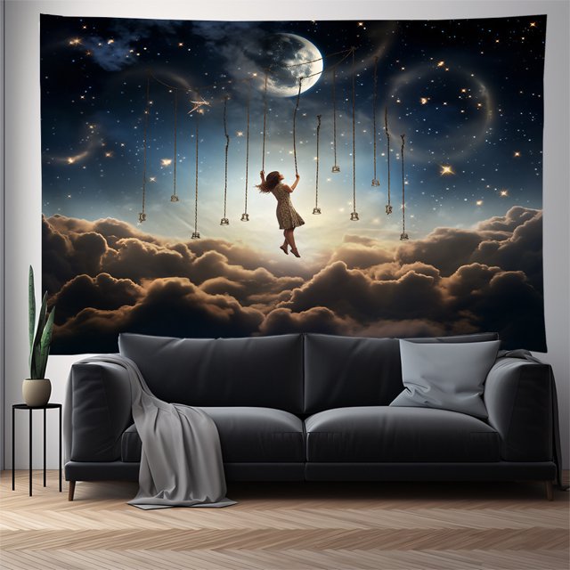 Tapiz para colgar en la pared, luna y estrellas, cielo nocturno surrealista, 150 x 130 cm