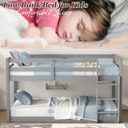 Bunk Bed Twin Over Twin, Low Twin Size Floor Bunk Beds with Ladder, Solid Wood Junior Bunk Bed for Bedroom, No Box Spring Needed-Gray