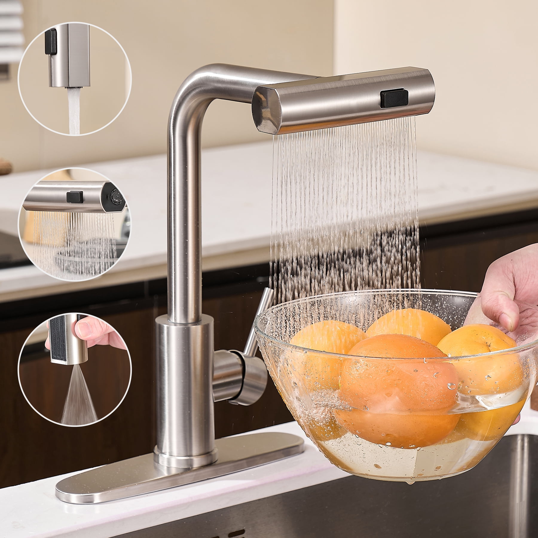 Kitchen Faucet with Pull Down Sprayer, Brushed Nickel Waterfall Single Hole Handle Stainless Steel Kitchen Sink Faucets,