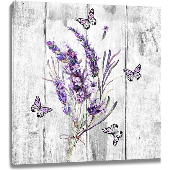 Lavender Flower Wall Art Purple Butterfly with Floral Wooden Framed Canvas Prints Grey Rustic Vertical Wall Decor Poster for Bathroom Living Room Bedroom Kitchen Office,12Wx12L inch