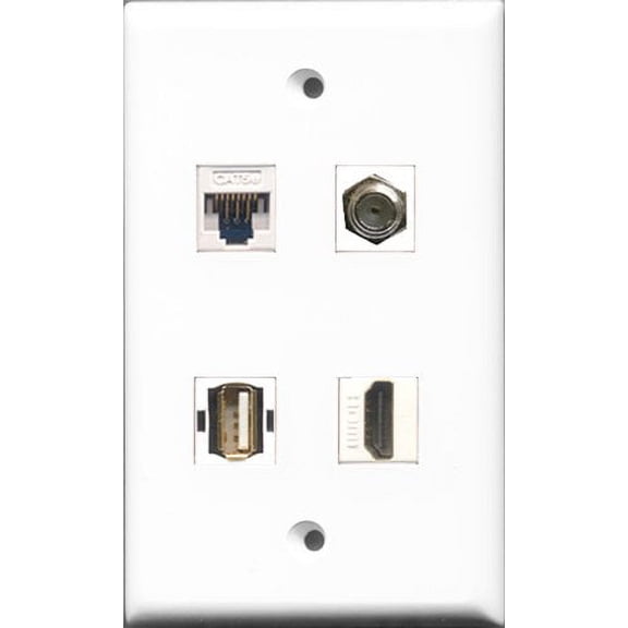 RiteAV - 1 Port HDMI and 1 Port Coax Cable TV- F-Type and 1 Port USB A-A and 1 Port Cat5e Ethernet White Wall Plate