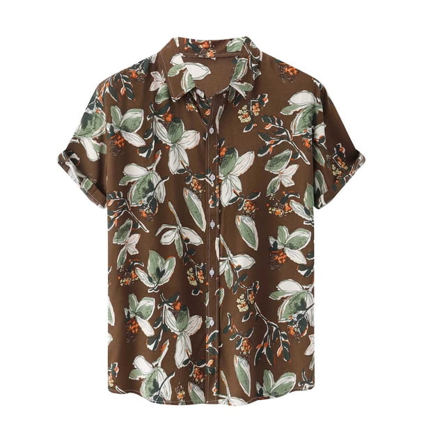 Camisa estampada a cuadros con solapa para hombre Camisa floral hawaiana Pompotops oipoqjl24688